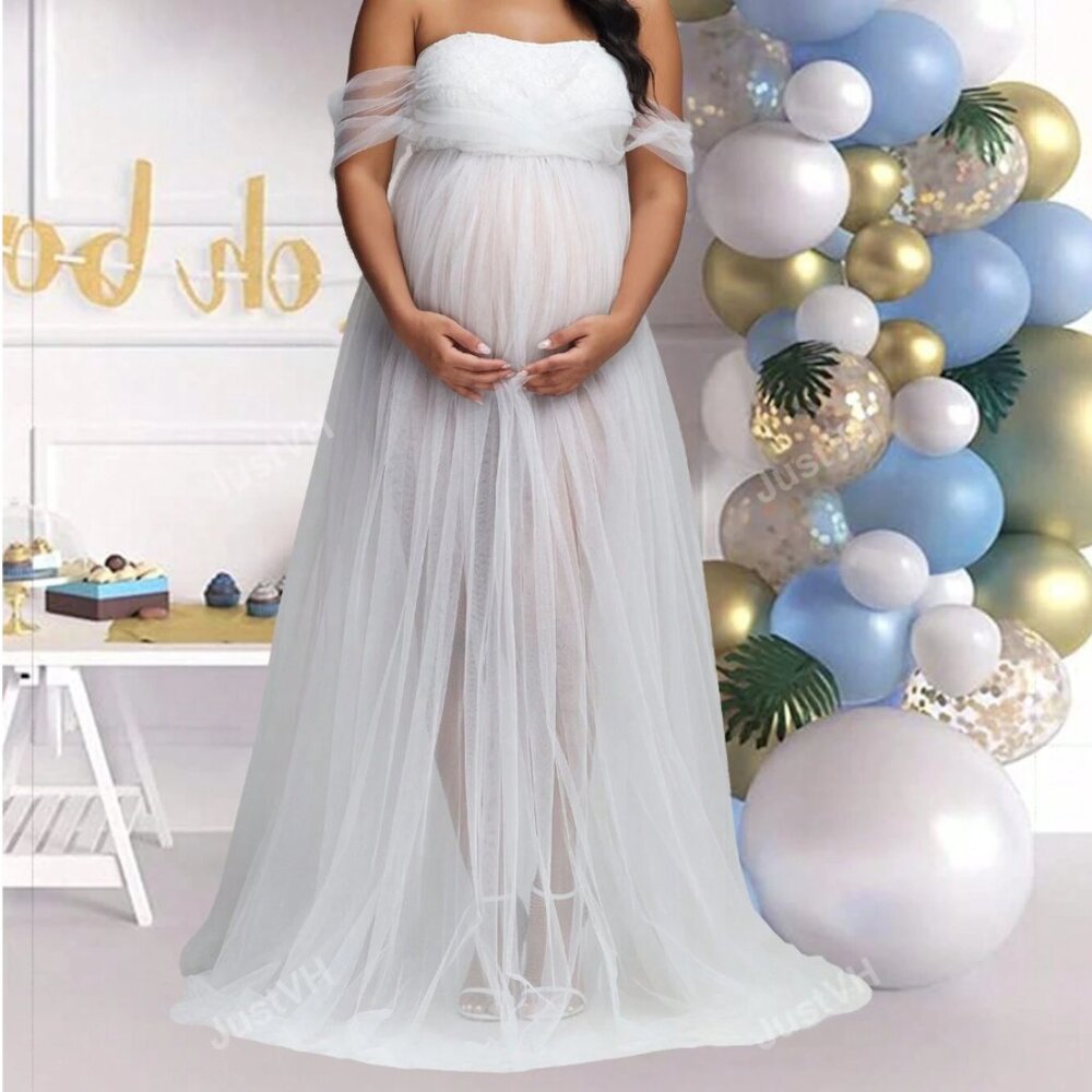 Shein White Maternity Pregnancy Baby Shower Gender Reveal Photoshoot Dress